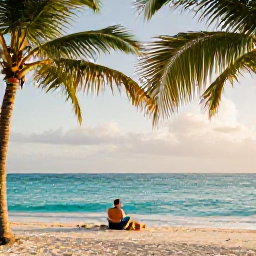 Caribbean Holidays, Dominican Republic Solo, Solo traveller relaxing on a quiet Dominican Republic beach in October, turquoise sea, palm trees and warm morning light