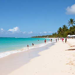 Caribbean Holidays, Dominican Republic Tours, A bright Caribbean coastline in the Dominican Republic in November, with turquoise water, white sand and relaxed visitors