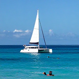 Caribbean Holidays, Dominican Republic Tours, A catamaran sailing along the Dominican Republic coast in November, with snorkellers in clear blue water and a sunny tropical horizon