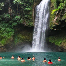 Caribbean Holidays, Dominican Republic Tours, A Dominican Republic excursion to a lush waterfall, with visitors swimming in a clear natural pool surrounded by tropical greenery