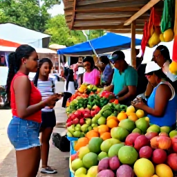 Caribbean Holidays, Dominican Republic Tours, A friendly Dominican village market with colourful fruit, local crafts and visitors browsing with a guide