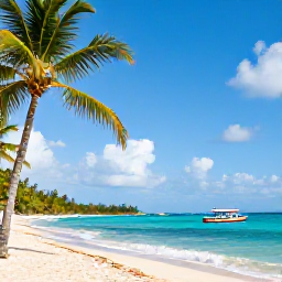 Caribbean Holidays, Dominican Republic Tours, A sunny Caribbean coastline in the Dominican Republic during October, with turquoise sea, palm trees and a small excursion boat