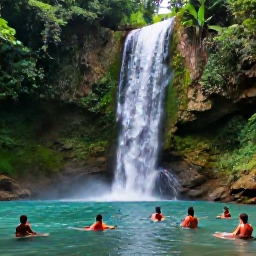 Caribbean Holidays, Dominican Republic Tours, A waterfall and natural swimming pool surrounded by lush green forest in the Dominican Republic, with visitors enjoying an October excursion