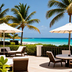 Caribbean Holidays, Dominican Republic Tours, A welcoming Dominican Republic resort terrace overlooking palm trees and the sea, suitable for planning excursions in October