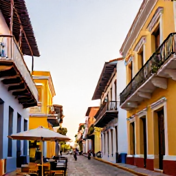 Caribbean Holidays, Dominican Republic Tours, Colourful colonial street in Santo Domingo, Dominican Republic, historic buildings, balconies, caf&eacute;s and pedestrians in warm afternoon light