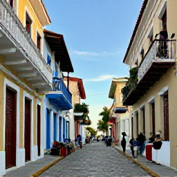 Caribbean Holidays, Dominican Republic Tours, Colourful colonial street in Santo Domingo with historic buildings, balconies and people enjoying a relaxed afternoon