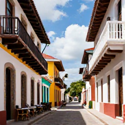 Caribbean Holidays, Dominican Republic Tours, Colourful colonial street in Santo Domingo with historic Spanish architecture, balconies and relaxed caf&eacute; tables