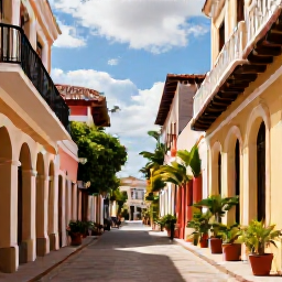 Caribbean Holidays, Dominican Republic Tours, Colourful colonial streets in Santo Domingo with historic buildings, tropical plants and warm April sunshine