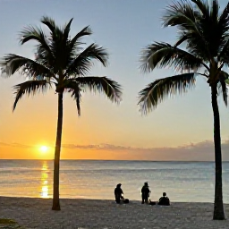 Caribbean Holidays, Dominican Republic Tours, Dominican Republic beach at sunset with palm trees, calm sea and travellers enjoying an April evening