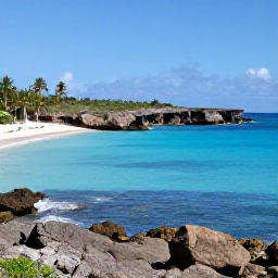 Caribbean Holidays, Dominican Republic Tours, Excursion boat sailing past rugged coastline and clear blue water near Saona Island, with palm-fringed beaches