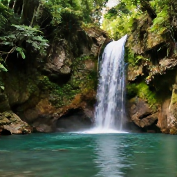 Caribbean Holidays, Dominican Republic Tours, Green tropical waterfall and natural pool in the Dominican Republic, surrounded by dense jungle and rocks