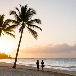 Caribbean Holidays, Dominican Republic Tours, Relaxed Dominican Republic beach at sunset with soft golden light, palm trees and a couple walking along the shoreline
