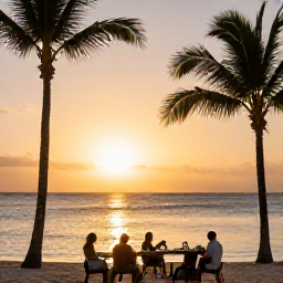 Caribbean Holidays, Dominican Republic Tours, Relaxed Dominican Republic beach evening with golden sunset, palm trees, calm sea and travellers dining beside the shore