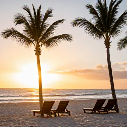 Caribbean Holidays, Dominican Republic Tours, Relaxed Dominican Republic beach resort at sunset, with sun loungers, palm trees and warm golden light