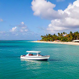 Caribbean Holidays, Dominican Republic Tours, Sunny Caribbean coastline near Punta Cana, with turquoise sea, palm trees and a small excursion boat