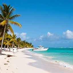 Caribbean Holidays, Dominican Republic Tours, Sunny Dominican Republic coastline with turquoise sea, palm trees and a small excursion boat near a sandy beach