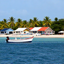 Caribbean Holidays, Dominican Republic Tours, Traditional Dominican fishing village and palm-fringed beach near Saman&aacute;, humpback whale watching boat on calm blue sea