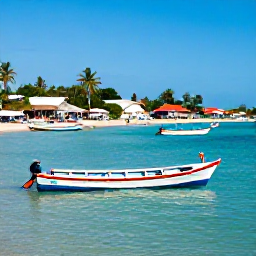 Caribbean Holidays, Dominican Republic Tours, Traditional Dominican fishing village beside a calm turquoise bay, with colourful boats and visitors enjoying fresh seafood
