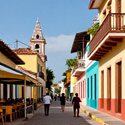 Caribbean Holidays, Dominican Republic Tours, Travellers walking through a lively Dominican Republic colonial street in Santo Domingo, with colourful buildings and local caf&eacute;s