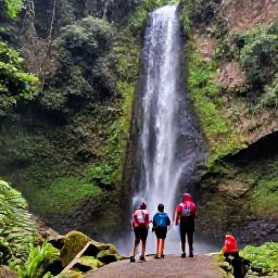 Caribbean Holidays, Dominican Republic Tours, Waterfall and tropical forest near Jarabacoa with hikers enjoying the lush Dominican mountain landscape