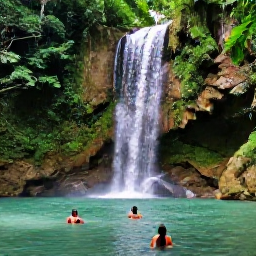 Caribbean Holidays, Dominican Republic Tours, Waterfall in the Dominican Republic surrounded by lush green forest, with visitors swimming in the clear pool below