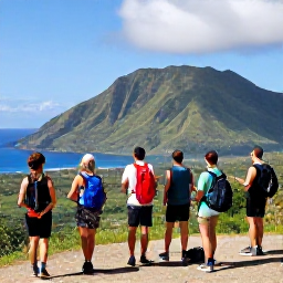 Caribbean Holidays, Dominican Republic Walking, A friendly group of walkers resting at a scenic Caribbean viewpoint in the Dominican Republic, with mountains, green valleys and blue sky