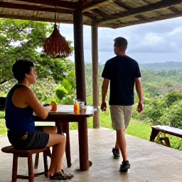 Caribbean Holidays, Dominican Republic Walking, Comfortable walkers resting at a shaded terrace after a hike in the Dominican Republic, with tropical scenery and refreshments