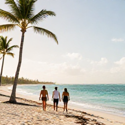 Caribbean Holidays, Dominican Republic Walking, Hikers walking along a bright Caribbean beach near Punta Cana in January, with palm trees, turquoise sea and soft morning light