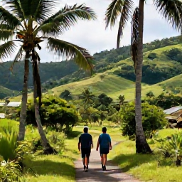Caribbean Holidays, Dominican Republic Walking, Hikers walking through a lush tropical trail in the Dominican Republic in July, with palm trees, green hills and bright Caribbean light