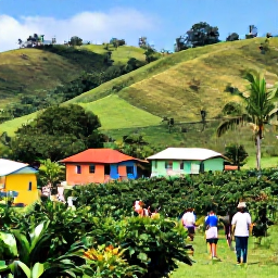 Caribbean Holidays, Dominican Republic Walking Holidays, A guided group walking through a Dominican Republic coffee plantation, with colourful rural homes, tropical plants and rolling green hills