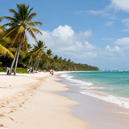 Caribbean Holidays, Dominican Republic Walking Holidays, A peaceful coastal path beside turquoise water and golden sand near Saman&aacute;, Dominican Republic, with tropical palms and walkers in the distance