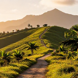 Caribbean Holidays, Dominican Republic Walking Holidays, A scenic walking trail through lush green hills in the Dominican Republic, with tropical vegetation, distant mountains and warm morning light