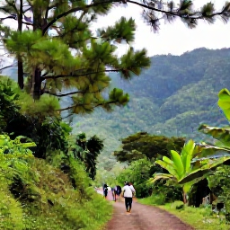 Caribbean Holidays, Dominican Republic Walking Holidays, Walkers exploring a lush tropical trail near Jarabacoa, Dominican Republic, surrounded by pine trees and green mountain scenery