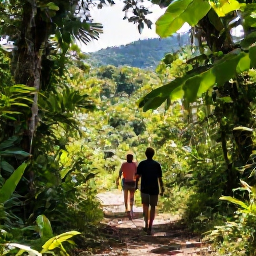 Caribbean Holidays, Dominican Republic Walking, Travellers exploring a lush Dominican Republic trail through tropical forest, with green foliage, distant hills and dappled sunlight