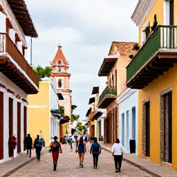 Caribbean Holidays, Dominican Republic Walking, Visitors walking through the colourful colonial streets of Santo Domingo, viewing historic buildings and lively local scenes