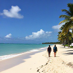 Caribbean Holidays, Dominican Republic Walking, Walkers following a coastal path beside turquoise sea, pale sand and palm trees in the Dominican Republic