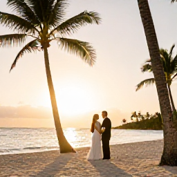 Caribbean Holidays, Dominican Republic Weddings, Bride and groom standing beside a palm-fringed Caribbean beach at sunset in the Dominican Republic