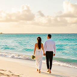 Caribbean Holidays, Dominican Republic Weddings, Bride and groom walking barefoot beside a turquoise Caribbean beach at sunset in the Dominican Republic