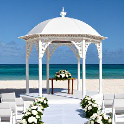 Caribbean Holidays, Dominican Republic Weddings, Elegant outdoor wedding ceremony under a white gazebo overlooking a Dominican Republic beach