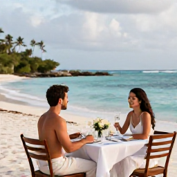 Caribbean Holidays, Dominican Republic Weddings, Newly married couple enjoying a private dinner beside the sea at a Dominican Republic resort