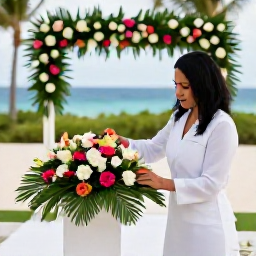 Caribbean Holidays, Dominican Republic Weddings, Wedding planner arranging tropical flowers and ceremony details at a Dominican Republic resort