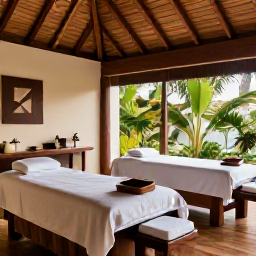 Caribbean Holidays, Dominican Republic Wellness, Elegant Dominican Republic spa with natural wood, tropical plants, treatment beds and soft daylight