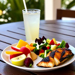 Caribbean Holidays, Dominican Republic Wellness, Healthy Dominican Republic lunch with colourful tropical fruit, grilled fish, fresh salad and coconut water on a shaded terrace