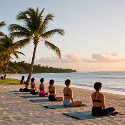 Caribbean Holidays, Dominican Republic Wellness, Outdoor yoga class on a quiet Dominican Republic beach, mats facing the sea, palm trees and gentle morning sunshine