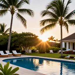 Caribbean Holidays, Dominican Republic Wellness, Peaceful Dominican Republic resort garden at sunset with palm trees, a quiet pool and comfortable seating