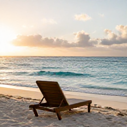 Caribbean Holidays, Dominican Republic Wellness, Quiet Dominican Republic beach at sunrise in April, soft golden light, calm turquoise sea and a comfortable sun lounger