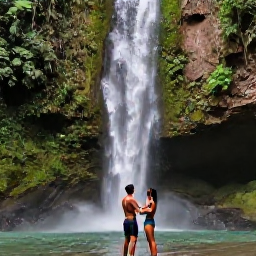 Caribbean Holidays, Dominican Romance, A couple exploring a tropical waterfall and lush green landscape near Puerto Plata, Dominican Republic, natural daylight and adventurous atmosphere