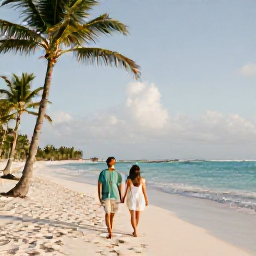 Caribbean Holidays, Dominican Romance, A couple walking hand in hand along a bright white Caribbean beach in Punta Cana, gentle morning light, palm trees and turquoise sea