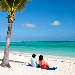 Caribbean Holidays, Dominican Romance, A happy couple relaxing beside a turquoise Caribbean sea in the Dominican Republic, white sand beach, palm trees and clear blue sky