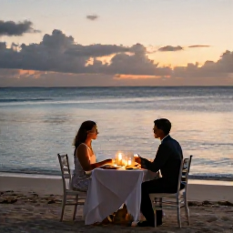 Caribbean Holidays, Dominican Romance, A romantic candlelit dinner for two on a Caribbean beach in the Dominican Republic, calm sea and warm evening light
